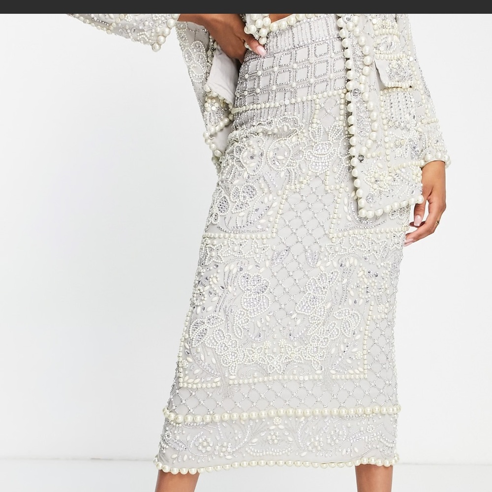 ASOS EDITION pearl embellished skirt in silver size 8